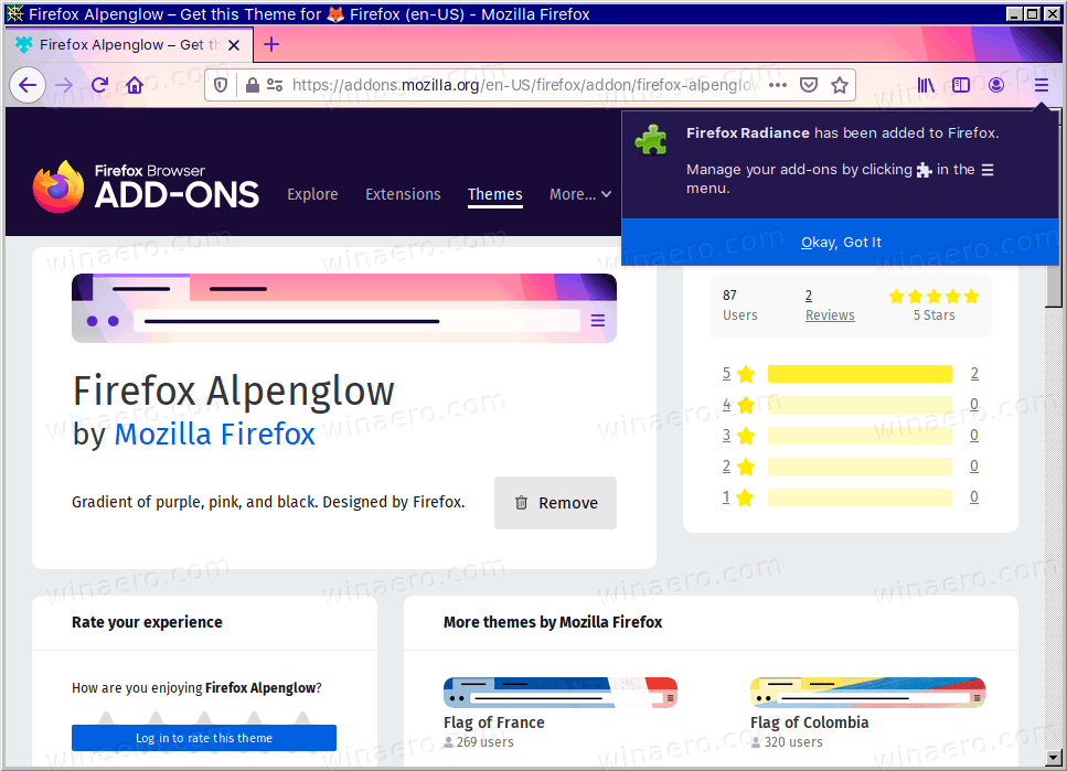 הורד והתקן את ערכת הנושא Alpenglow Firefox (Radiance)