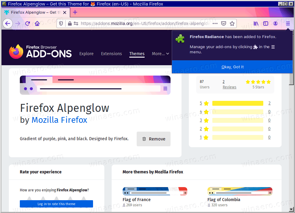 قم بتنزيل وتثبيت سمة Alpenglow Firefox (Radiance)
