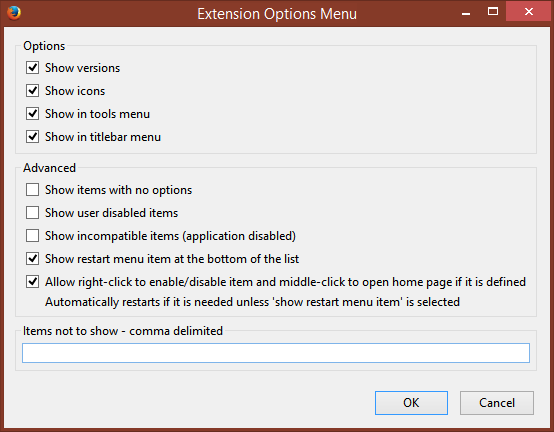 Приступите опцијама проширења / додатака за Фирефок из менија