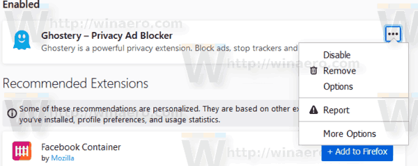 Inaktivera tilläggsrekommendationer i Firefox 68