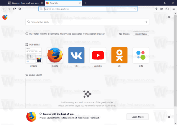 Lisää lisää suosituimpia sivustoja uudelle välilehdelle Firefoxissa