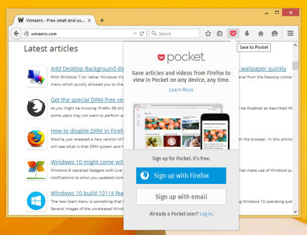 Poista Pocket-integraatio käytöstä Firefoxissa
