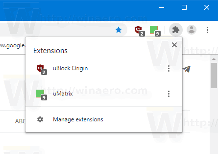 V brskalniku Google Chrome omogočite ali onemogočite meni orodne vrstice razširitve