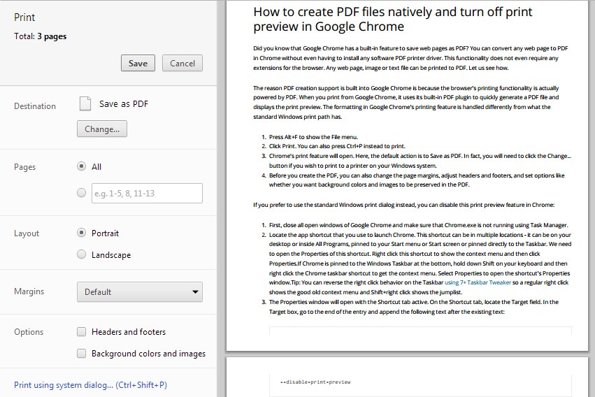 כיצד ליצור קבצי PDF באופן מקורי או לבטל תצוגה מקדימה של הדפסה ב- Google Chrome