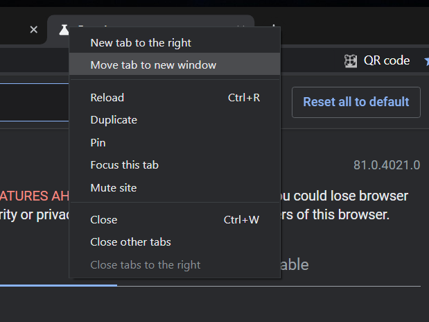 Flytt vindu til et nytt fanealternativ kommer til Chrome