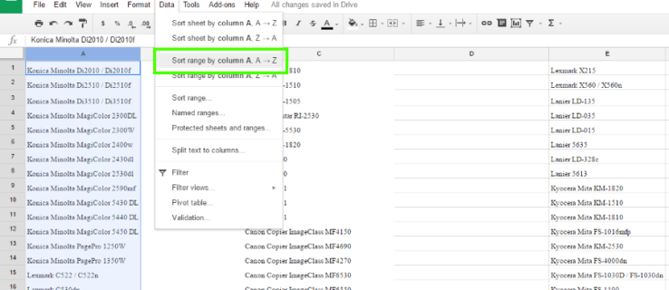 Andmete tähestiku järgi sortimine Google'i arvutustabelites