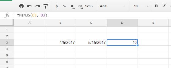 כיצד לחשב ימים בין תאריכים ב- Google Sheets