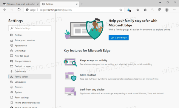 이제 Microsoft Edge에 설정에 가족 보호 링크가 포함됨