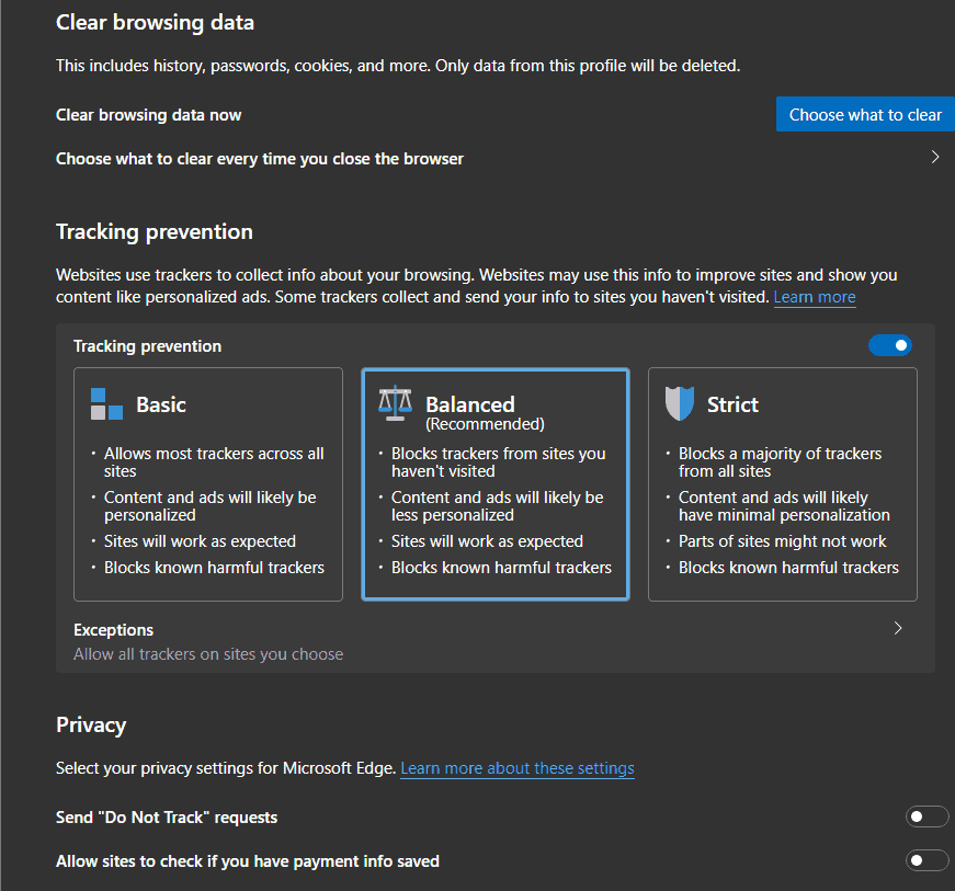 V aplikácii Microsoft Edge povoľte prísnu prevenciu sledovania pre režim InPrivate