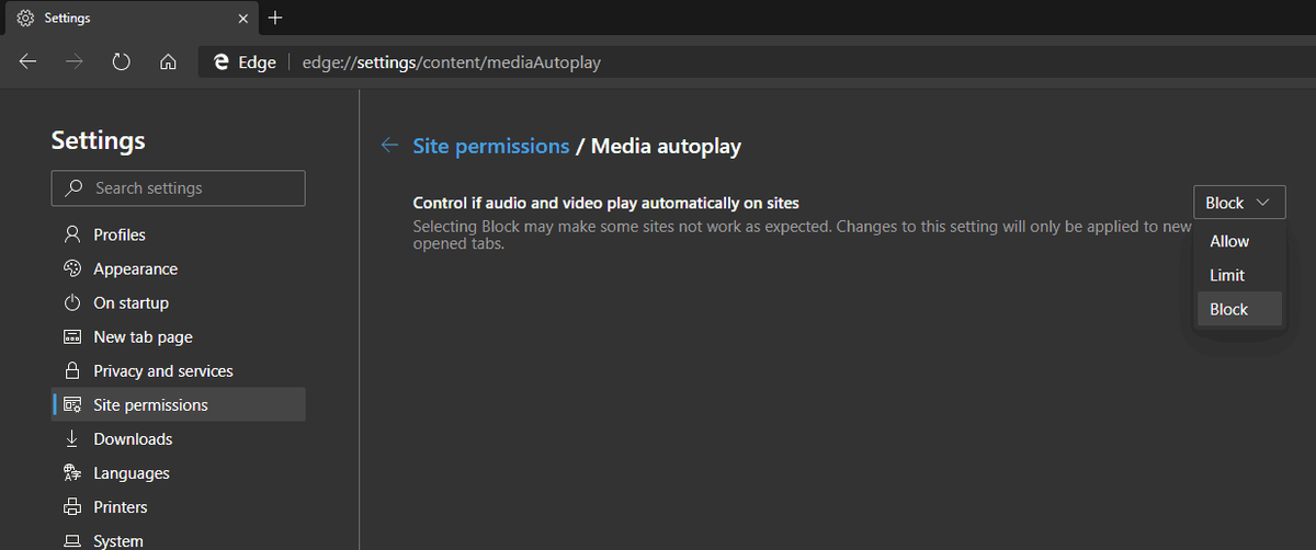 Edge remove a opção de bloqueio do bloqueio de reprodução automática de mídia