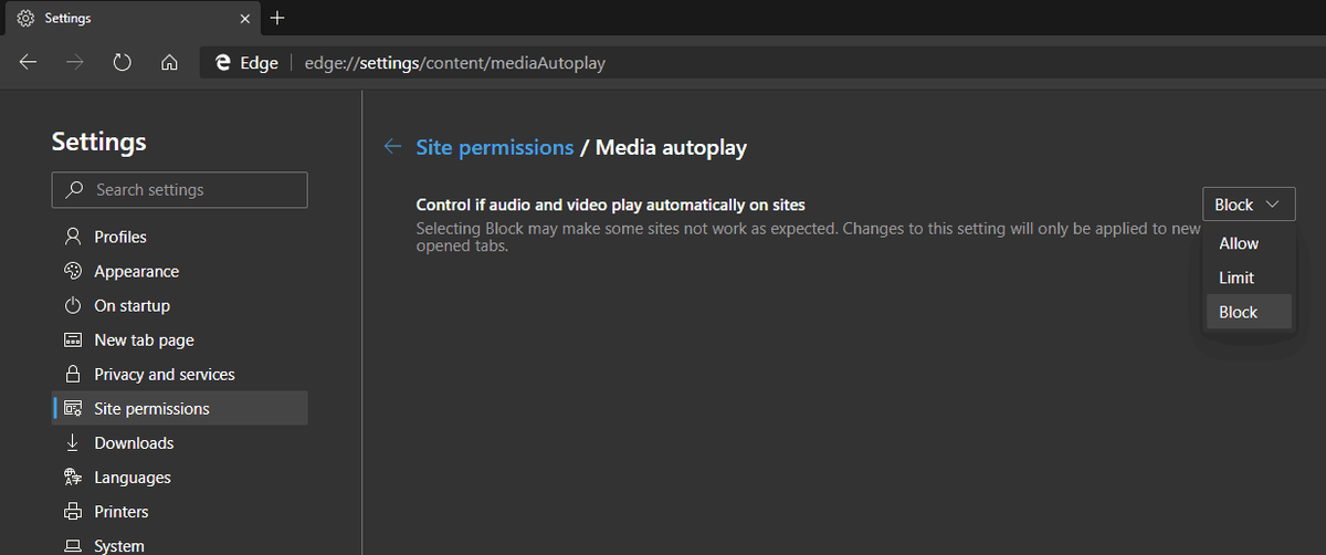 Edge supprime l'option de blocage du blocage de la lecture automatique des médias