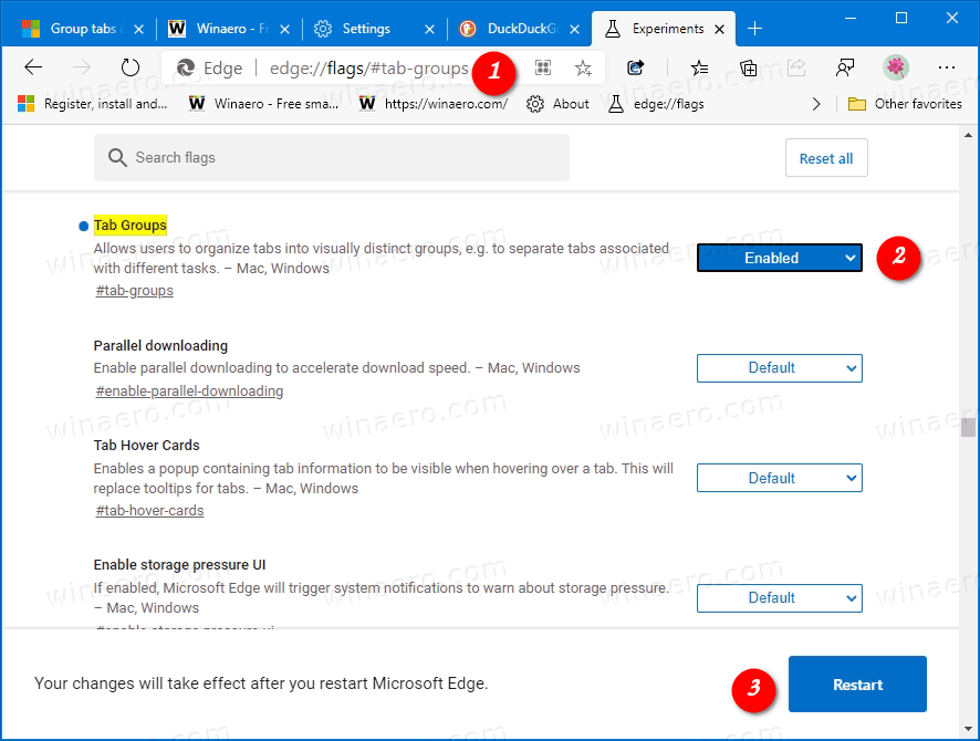 Microsoft Edge'de Sekme Gruplarını Etkinleştirin veya Devre Dışı Bırakın
