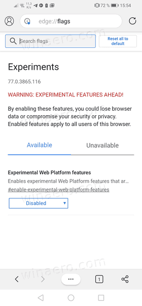Microsoft Edge unter Android hat die Seite edge: // flags