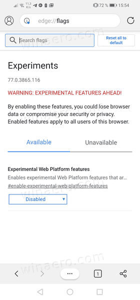 Microsoft Edge pre Android má stránku edge: // flags