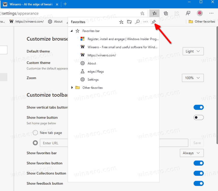 Microsoft Edge ahora permite fijar la barra de favoritos