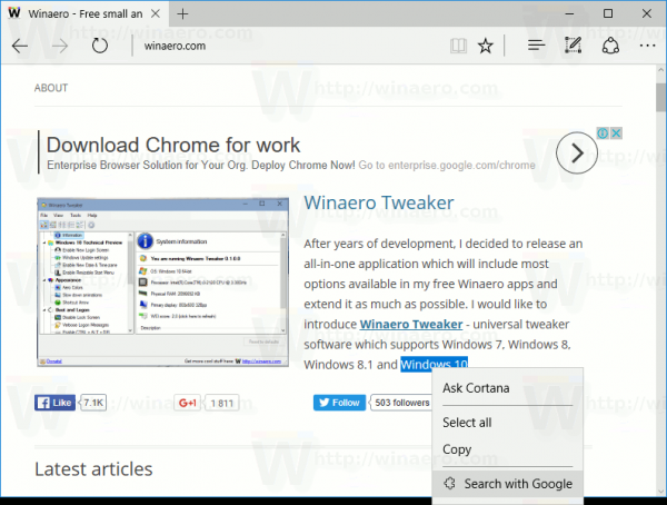 Microsoft Edge hurtigtaster i Windows 10