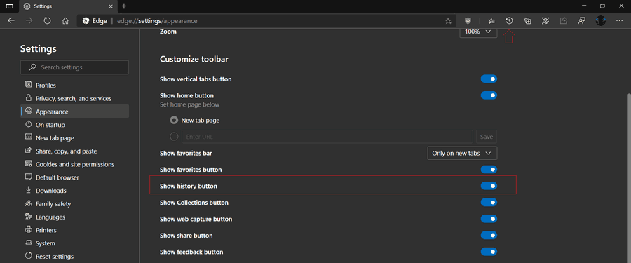 Hur man lägger till eller tar bort historik-knappen från verktygsfältet i Microsoft Edge