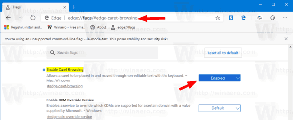 Omogočite brskanje po Caret v Microsoft Edge Chromium