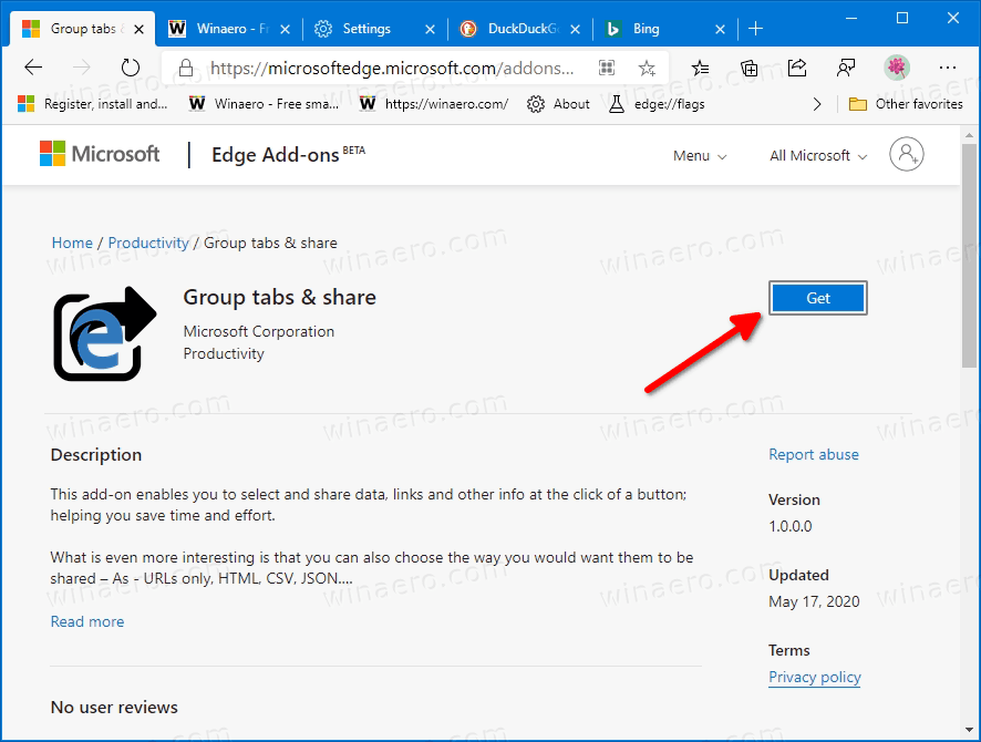 Bendrinkite atidarytus skirtukus „Microsoft Edge“