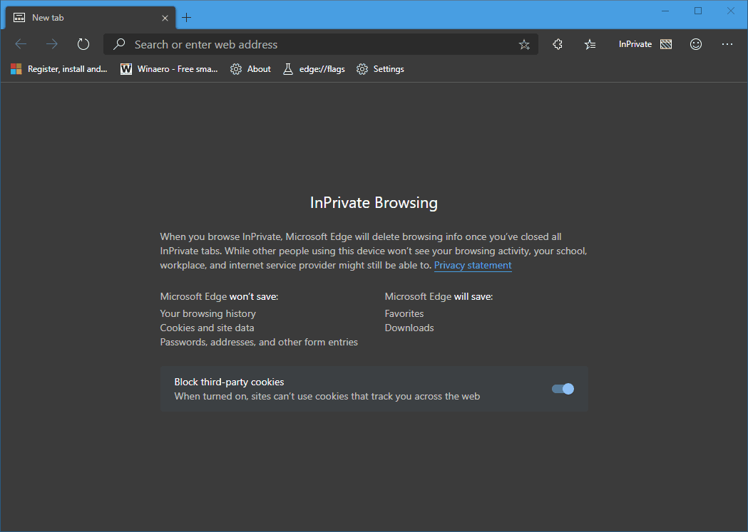 Edge Chromium: Αποκλεισμός cookie τρίτων για λειτουργία InPrivate, πρόσβαση επέκτασης στην αναζήτηση