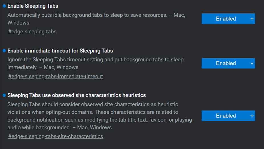 تمكين أو تعطيل علامات تبويب النوم في Microsoft Edge