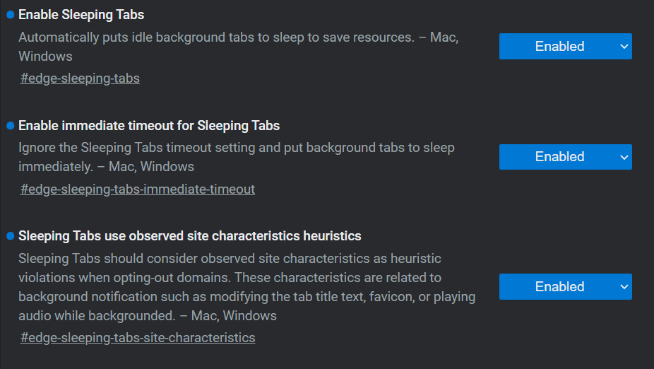 Habilitar o deshabilitar las pestañas para dormir en Microsoft Edge