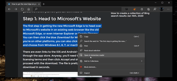 ตอนนี้ Edge อนุญาตให้เปิดข้อความที่เลือกในโปรแกรมช่วยอ่าน