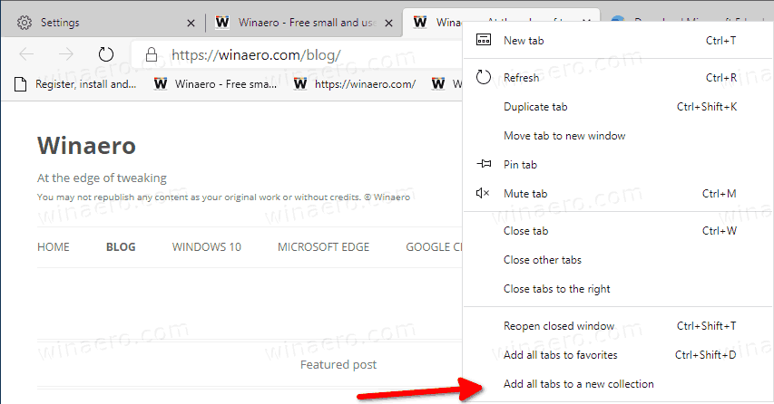 Lisää kaikki avoimet välilehdet Microsoft Edgen kokoelmaan