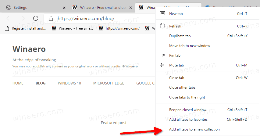 Добавить все открытые вкладки в коллекцию в Microsoft Edge