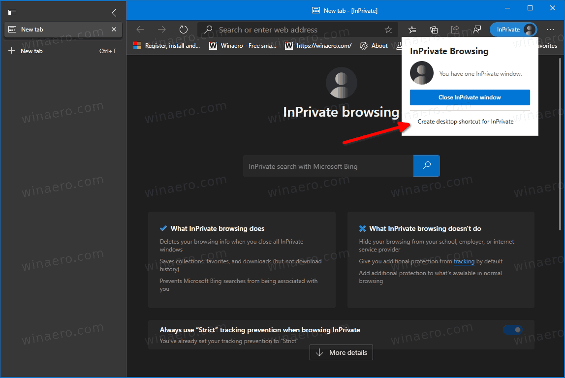 Edge teraz umožňuje vytvoriť skratku prehľadávania InPrivate jedným kliknutím