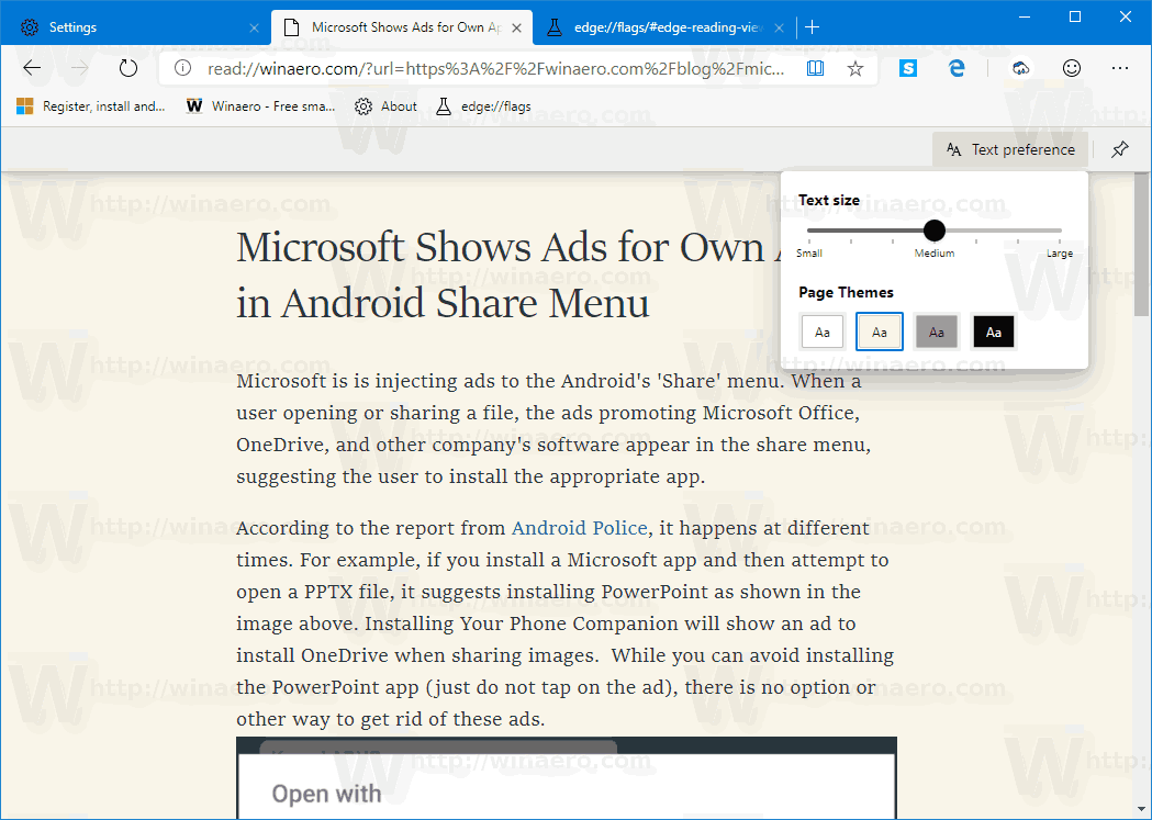 Microsoft Edge vastaanottaa lukunäkymän tekstiasetukset