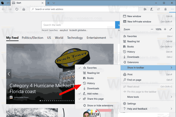 Personalize a barra de ferramentas do Microsoft Edge no Windows 10
