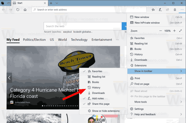 Windows 10'da Microsoft Edge Araç Çubuğunu özelleştirme