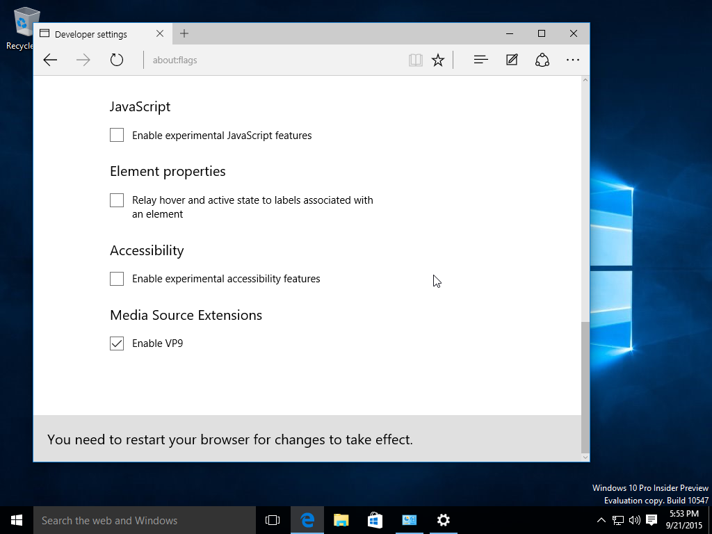 A VP9 kodek engedélyezése a Microsoft Edge-ben a Windows 10 10547 buildben