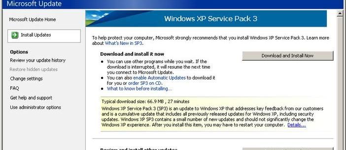 סקירה של Microsoft Windows XP Service Pack 3