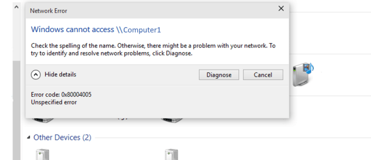 Com es corregeix el codi d'error 'Windows no pot accedir a l'ordinador' 0x80004005