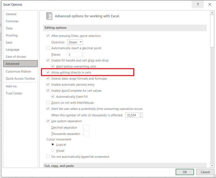   Options avancées d'Excel