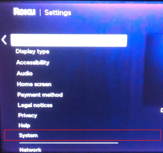   Menu Paramètres Roku