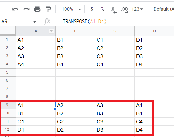   Google Sheets - Résultats de la fonction de transposition