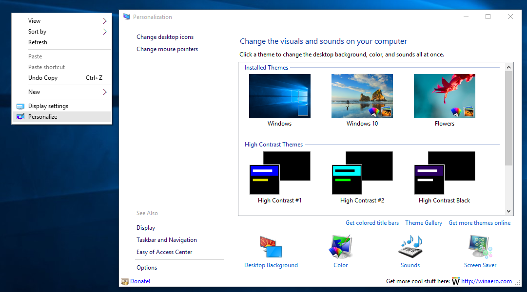 Personaliseringspanel for Windows 10
