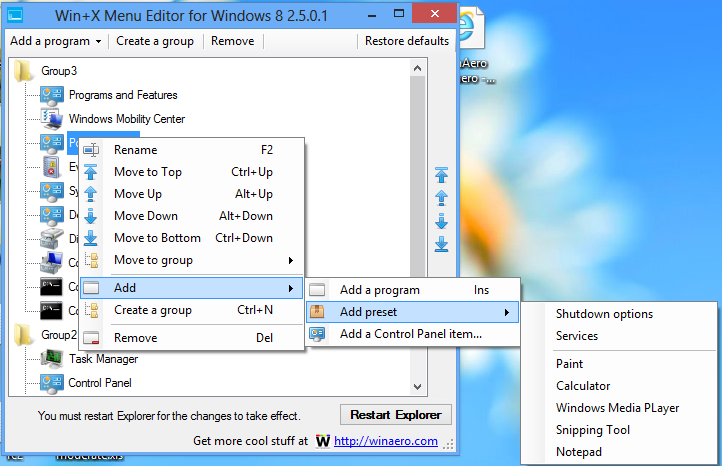 Éditeur de menu Win + X pour Windows 10 et Windows 8