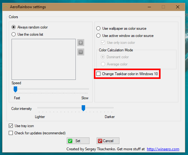 AeroRainbow 4.1 отсутствует, может изменять цвет панели задач в Windows 10