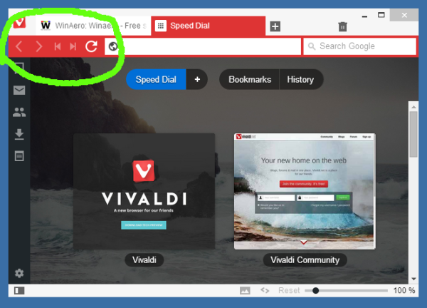 Hapus tombol Beranda dari browser Vivaldi