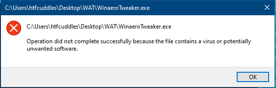 Microsoft Defender označí Winaero Tweaker ve Windows 10