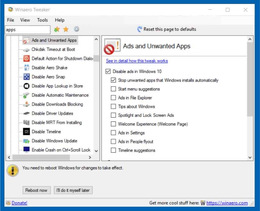 Winaero Tweaker pre Windows 10 verzia 1809