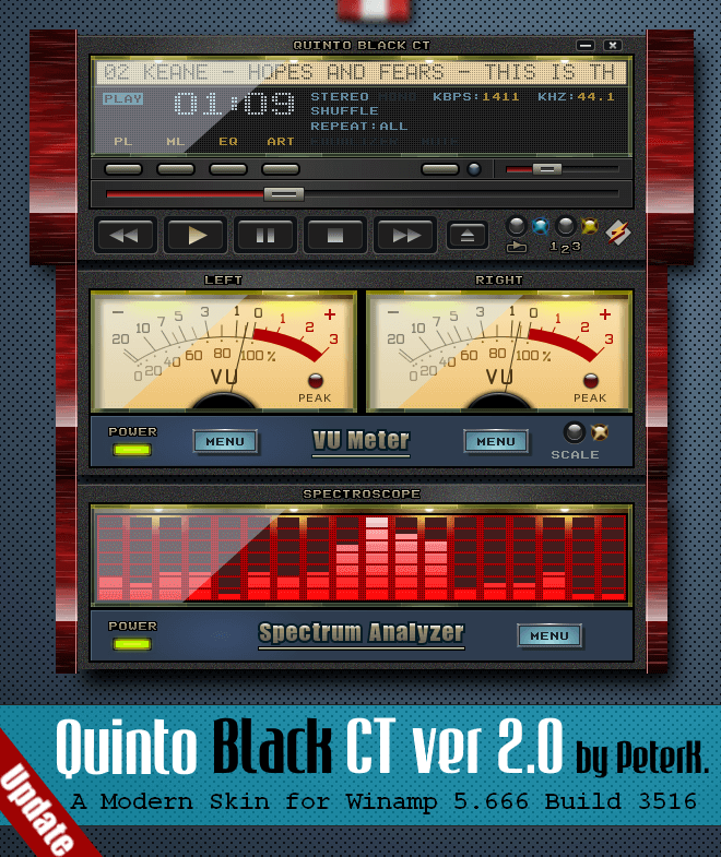 Quinto Black CT 2.0 Winamp Skin: millores en la interfície d'usuari