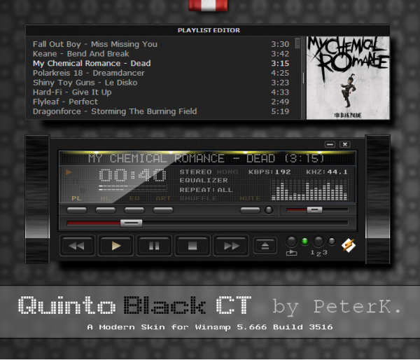 Quinto Black CT - isang magandang modernong balat para sa Winamp