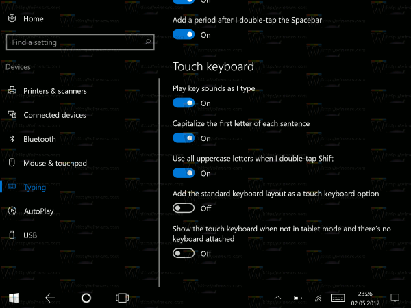 Desativar tipos de sons no teclado sensível ao toque no Windows 10