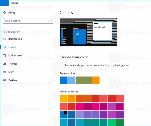 Viimeisimpien värien tyhjentäminen Windows 10 -asetuksissa
