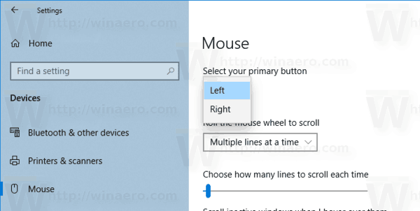 Changer le bouton principal de la souris à gauche ou à droite dans Windows 10